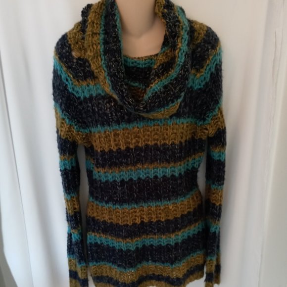 Gorgeous Cowl Neck Open Knit Chunky Sweater Turquoise Blue & Green W Gold Flecks - Picture 2 of 12